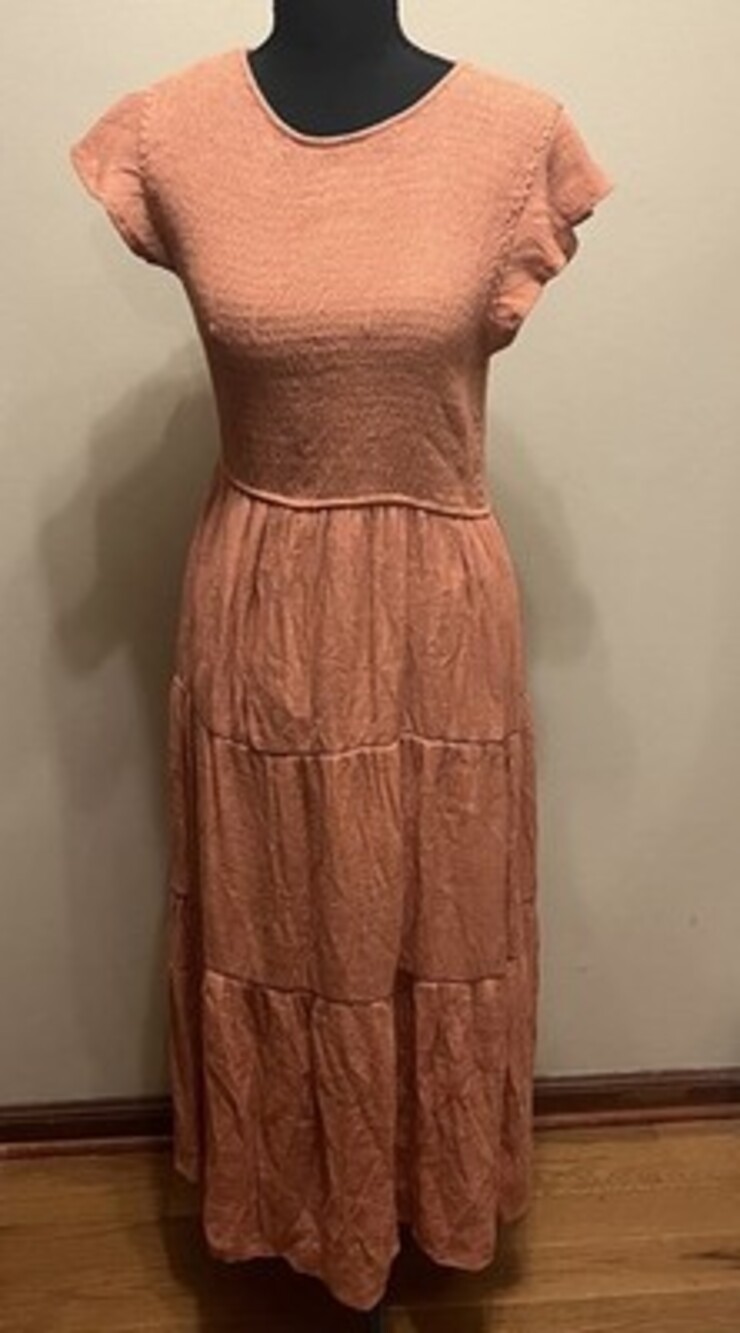 BY THE RIVER Paprika Smocked Ruffled Sleeve Tiered Dress Large Good